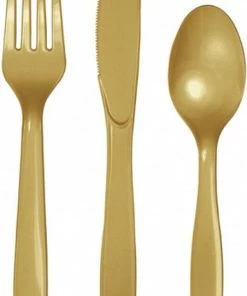 Goedkoopste ???? Merkloos Plastic Bestek Goudkleurig 24-delig - BBQ/Feest/Verjaardag Bestek Messen/vorken/lepels - Herbruikbaar ????