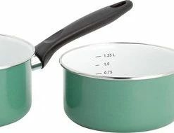 Hete verkoop ???? Lite-Body Magnus 2-delige Steelpannenset - Ø16 CM En Ø18 CM- Emaille - Olijf Groen - Inductie ????