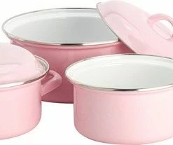 Begroting ???? Lite-Body Pannenset - 3-delig - 2 Kookpannen & 1 Steelpan - Emaille - Serafijn Roze ????