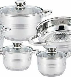 Beste Verkoop ⭐ Swiss Pro+ - Luxe Pannenset - Kookgerei - 12 Delig - RVS - INOX - Met Glazen Deksels ????