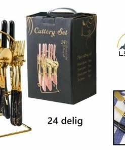 Goedkoopste ???? Levabe Keramisch 24 Delig Bestek Set - Goud - 6 Persoons - Gouden Bestek Set - Mes Vork Lepel - Vaatwas Bestendig - Tafelbestek - Goud Zwart ✨ -Bourgogne Shop 550x386 1