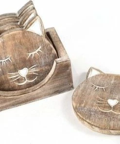 Begroting ???? Woodart Houten Onderzetters Kat/poes 6 Stuks In Houder Naturel ????