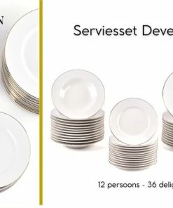 Promo ???? LeRijn® Serviesset Deventer 12 Persoons - 36 Delig - Licht Crème Wit Met Gouden Rand En Motief - Dinerborden - Soepborden - Dessertborden - Borden Servies - Bordenset ????