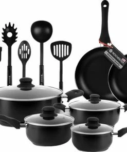 Goedkoopste ???? Rochester 18-delige Pannenset Met Deksels - Kookpotten - Koekenpannen Steelpannen - Aluminium - Zwart ????