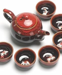 Gloednieuw ???? Merkloos Chinese Thee Set - Theepot Met 6 Kleine Kopjes - Koi Karpers Design - Rood ????