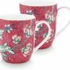Groothandel ???? Pip Studio Flower Festival Dark Pink - Mokken Set/2 - 145ml - Porselein - Bloemen - Roze ????