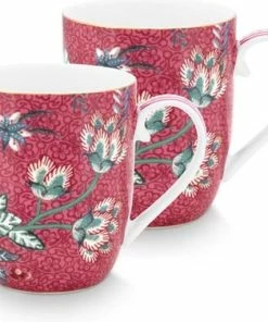 Groothandel ???? Pip Studio Flower Festival Dark Pink - Mokken Set/2 - 145ml - Porselein - Bloemen - Roze ????
