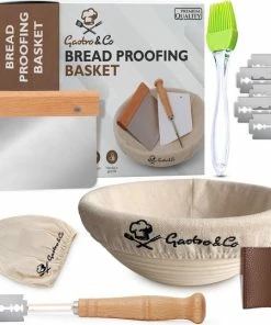 Groothandel ❤️ Gastro & Co® Rijsmandje Met Uitneembaar Linnen Deegkleed - Inclusief Decoratiemes / Deegschraper / Siliconen Bakborstel - Ø 22cm - Rotan Hout Rijsmand Banneton Rond - Geschikt Voor Gisten & Deeg Rijzen Van Desembrood / Zuurdesem - Brood Bakken ????