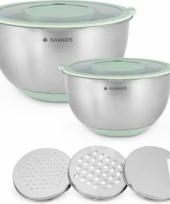 Beste Pirce ???? Navaris Roestvrijstalen Kommen Met Deksel - Set Van 2 Mengkommen Met Deksels En 3 Raspen - 1,4L En 4,7L Slakommen Met 3 Soorten Raspen - In Mintgroen ????