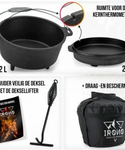 Groothandel ???? IRONO Dutch Oven - Pan Gietijzer - 14 Liter - Gietijzeren Pan BBQ 4-delig - Multifunctionele Kookset - Braadpan Gietijzer Met Deksellifter - Bakpan - Kookpan - Outdoor Cooking ???? -Bourgogne Shop 550x549 17