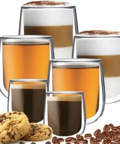 Beste Pirce ⭐ RoyalGoods® Dubbelwandige Glazen – Koffieglazen - Theeglazen – 2 Stuks 80ML, 250ML En 350ML – 6 Stuks Totaal – Cappuccino Glazen - Espresso Glazen, Latte Macchiato Glazen ????