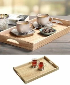 Hete verkoop ???? Merkloos FSC® Houten Dienblad Rechthoekig - Design Koffie / Thee Dienblad - Dienblad Met Handvatten - Paulownia Hout - 47 X 29.5 X 4.5 Cm ????
