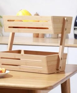 Gloednieuw ???? Merkloos Decopatent® 2 Laags Dubbele Fruitschaal - Bamboe Hout - Staande Fruitmand Etagere - Afm: 32 X 19.5 X 23 Cm. ????