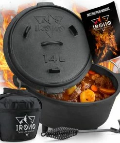 Groothandel ???? IRONO Dutch Oven - Pan Gietijzer - 14 Liter - Gietijzeren Pan BBQ 4-delig - Multifunctionele Kookset - Braadpan Gietijzer Met Deksellifter - Bakpan - Kookpan - Outdoor Cooking ????