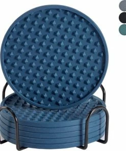Flash-uitverkoop ???? Castagnola Siliconen Onderzetters Met Houder – Onderzetters Voor Glazen – Onderzetters Design – Onderzettersset – Drink Onderzetters – Hoogwaardige Siliconen – Set Van 6 – Blauw ????