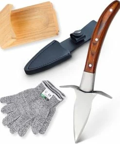 Goedkoop ???? Oyster Supply Compleet 4-delige Oesterset | Oestermes - Oesterbreekmes - Schaaldiermes | Messenhoes | Snijbestendige Oesterhandschoenen - Slagershandschoenen - Werkhandschoenen | Oesterhouder | Veilig Oesters Openen | Kleur Mes: Bruin ????
